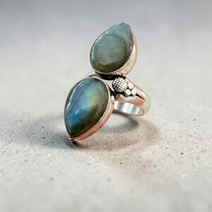 Fiery Labradorite Double Pear 925 Silver Plated Ring